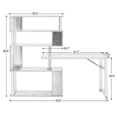 Home Office Computer Desk L Shaped Corner Table, Rotating Computer Table With 5-Tier Bookshelf, Four Installation Methods, Lockable Casters Black