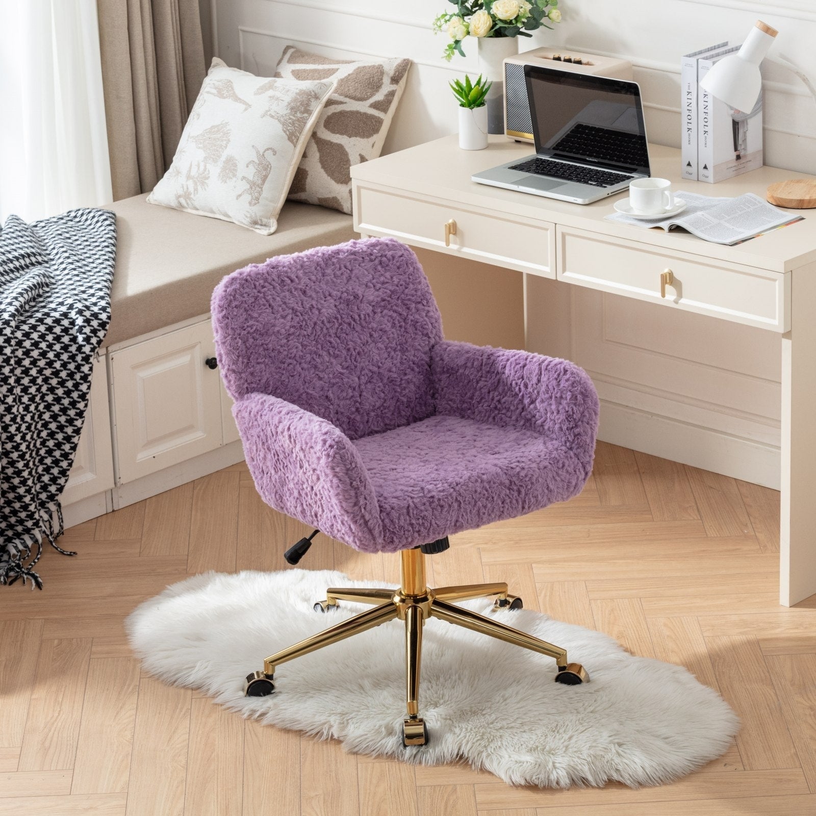 Rabbit Hair Home Office Chair With Golden Metal Base