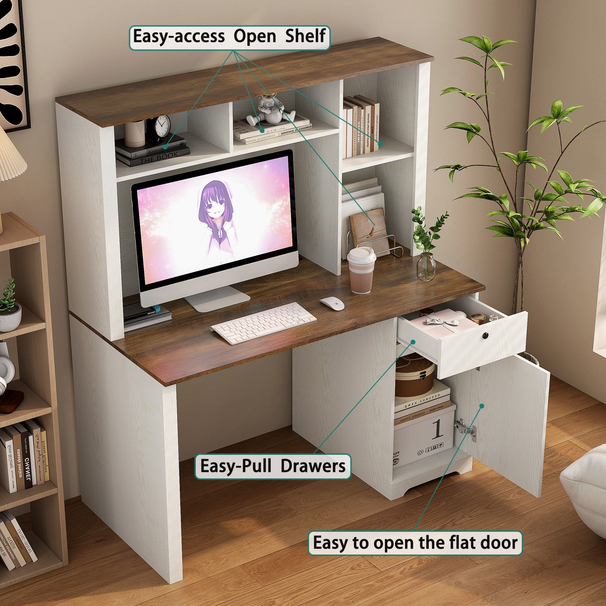 Computer Desk With Hutch & Bookshelf,Wood Executive Desk Teens Student Desk Writing Laptop Home Office Desk With Drawers,3 AC Outlets And 2 USB Charging Ports,Study Laptop Table For Home