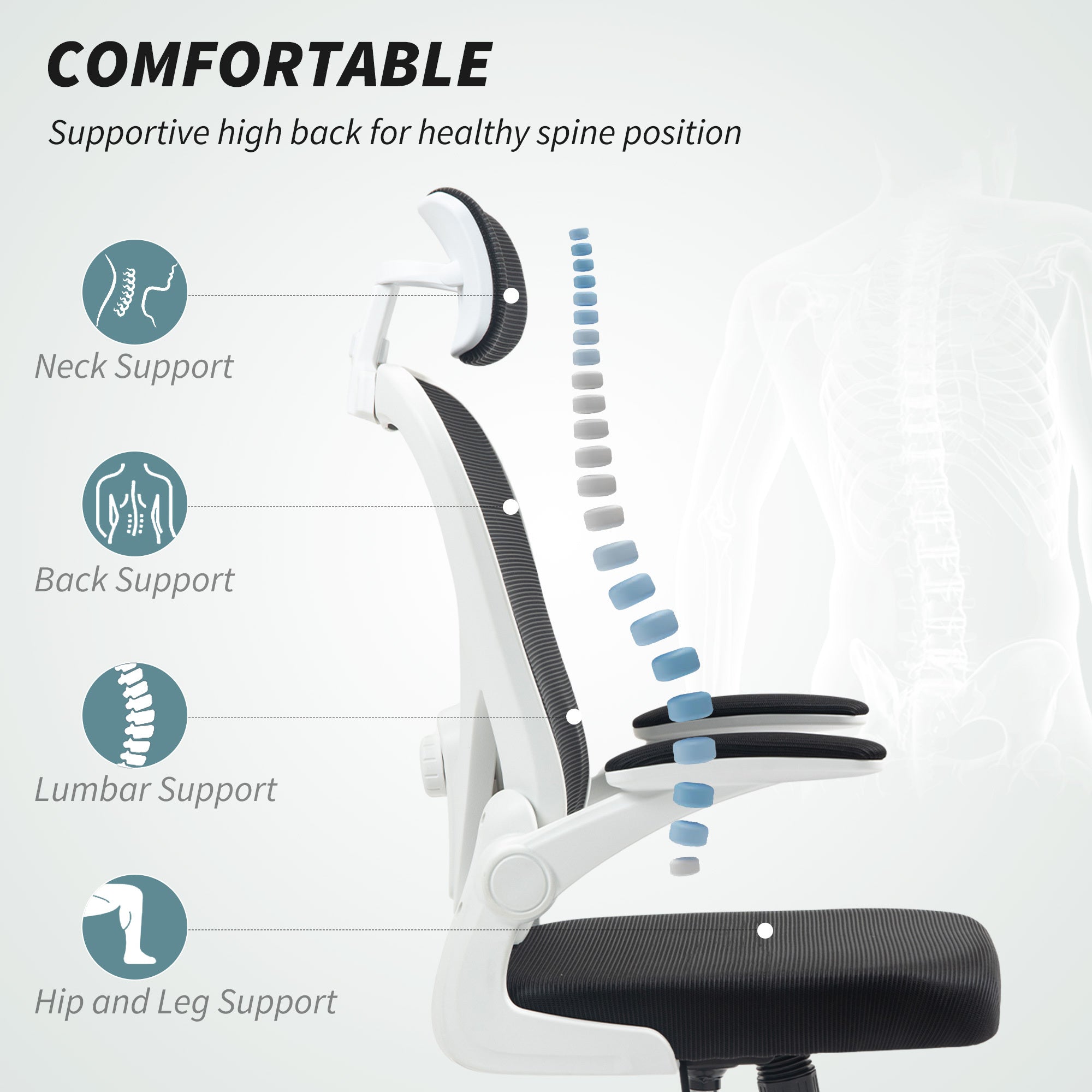 Mesh Office Chair, Ergonomic Desk Chair With Flip-up Armrest, Rotatable Headrest