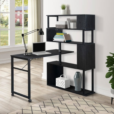 Home Office Computer Desk L Shaped Corner Table, Rotating Computer Table With 5-Tier Bookshelf, Four Installation Methods, Lockable Casters Black