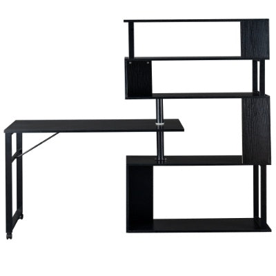 Home Office Computer Desk L Shaped Corner Table, Rotating Computer Table With 5-Tier Bookshelf, Four Installation Methods, Lockable Casters Black