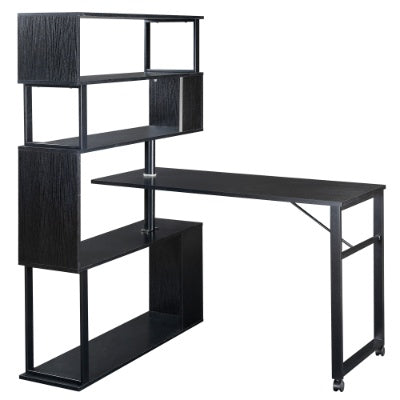Home Office Computer Desk L Shaped Corner Table, Rotating Computer Table With 5-Tier Bookshelf, Four Installation Methods, Lockable Casters Black