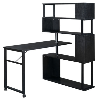 Home Office Computer Desk L Shaped Corner Table, Rotating Computer Table With 5-Tier Bookshelf, Four Installation Methods, Lockable Casters Black