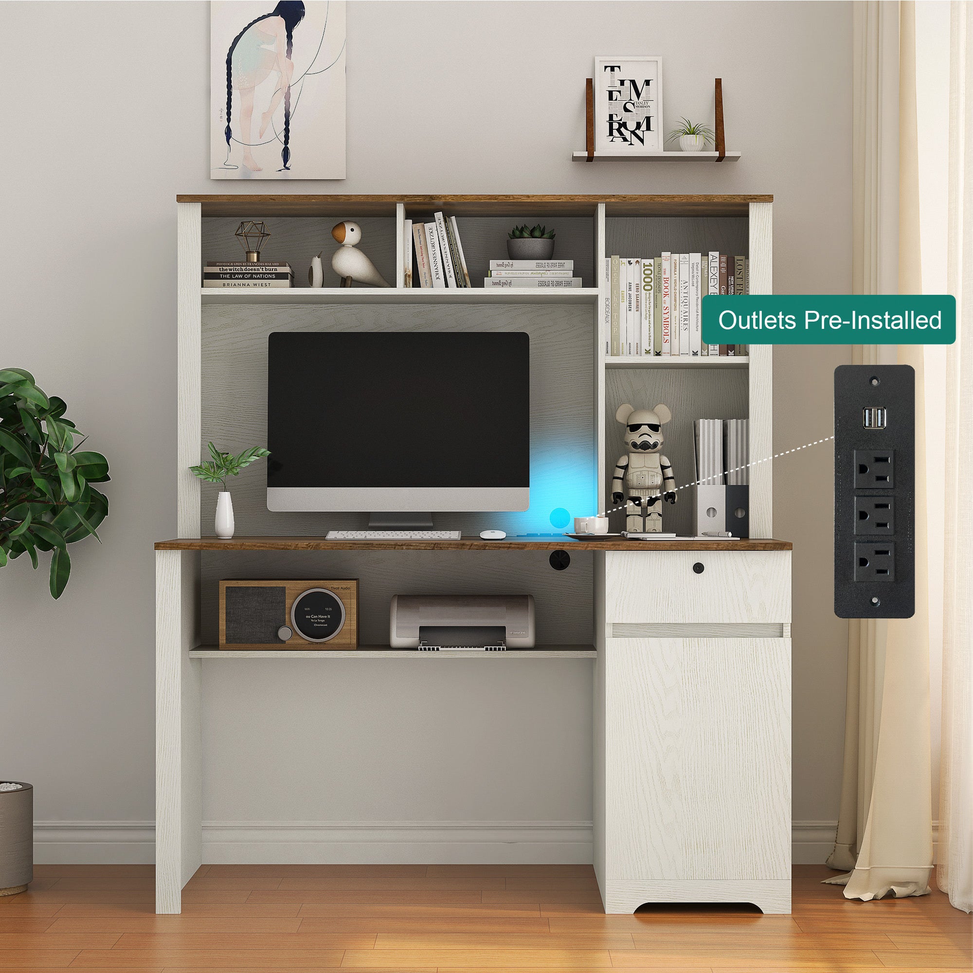 Computer Desk With Hutch & Bookshelf,Wood Executive Desk Teens Student Desk Writing Laptop Home Office Desk With Drawers,3 AC Outlets And 2 USB Charging Ports,Study Laptop Table For Home