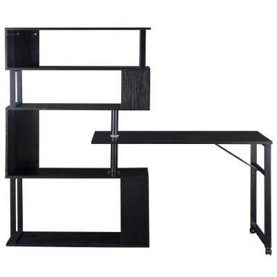 Home Office Computer Desk L Shaped Corner Table, Rotating Computer Table With 5-Tier Bookshelf, Four Installation Methods, Lockable Casters Black