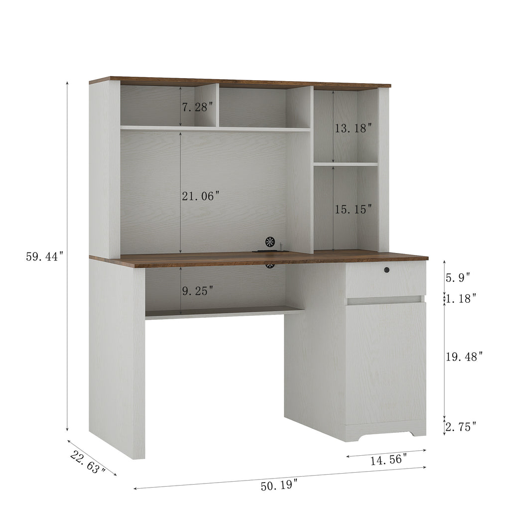 Computer Desk With Hutch & Bookshelf,Wood Executive Desk Teens Student Desk Writing Laptop Home Office Desk With Drawers,3 AC Outlets And 2 USB Charging Ports,Study Laptop Table For Home