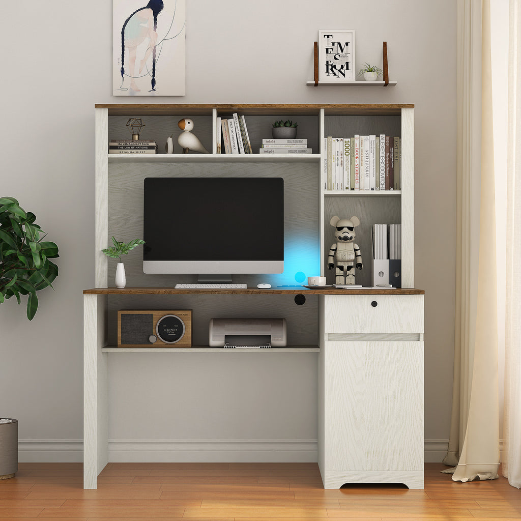 Computer Desk With Hutch & Bookshelf,Wood Executive Desk Teens Student Desk Writing Laptop Home Office Desk With Drawers,3 AC Outlets And 2 USB Charging Ports,Study Laptop Table For Home