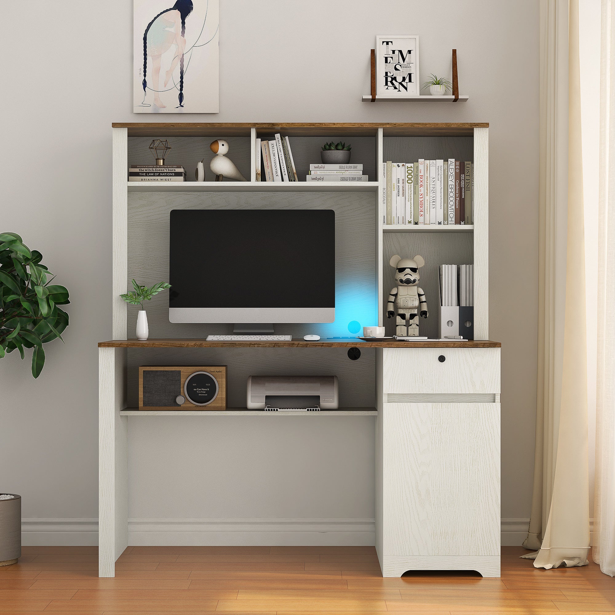 Computer Desk With Hutch & Bookshelf,Wood Executive Desk Teens Student Desk Writing Laptop Home Office Desk With Drawers,3 AC Outlets And 2 USB Charging Ports,Study Laptop Table For Home