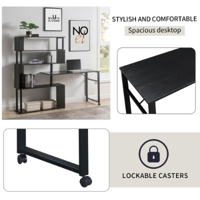 Home Office Computer Desk L Shaped Corner Table, Rotating Computer Table With 5-Tier Bookshelf, Four Installation Methods, Lockable Casters Black