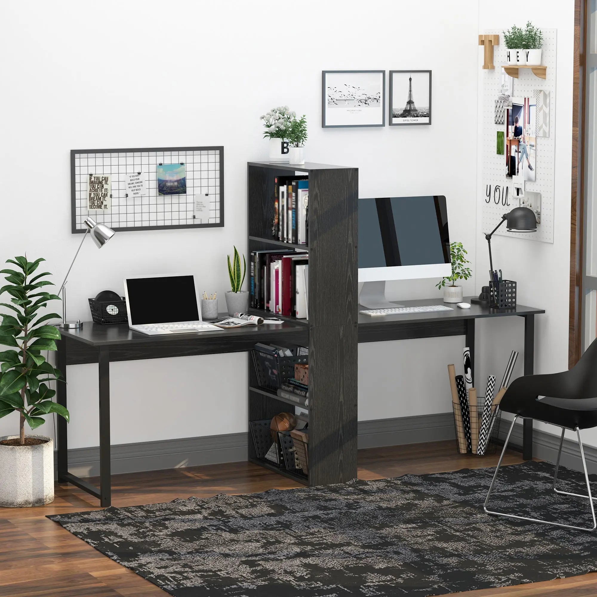 Extra Long 2-Person Desk With Bookshelf Black Home Office Workstation Combo The Chair Company