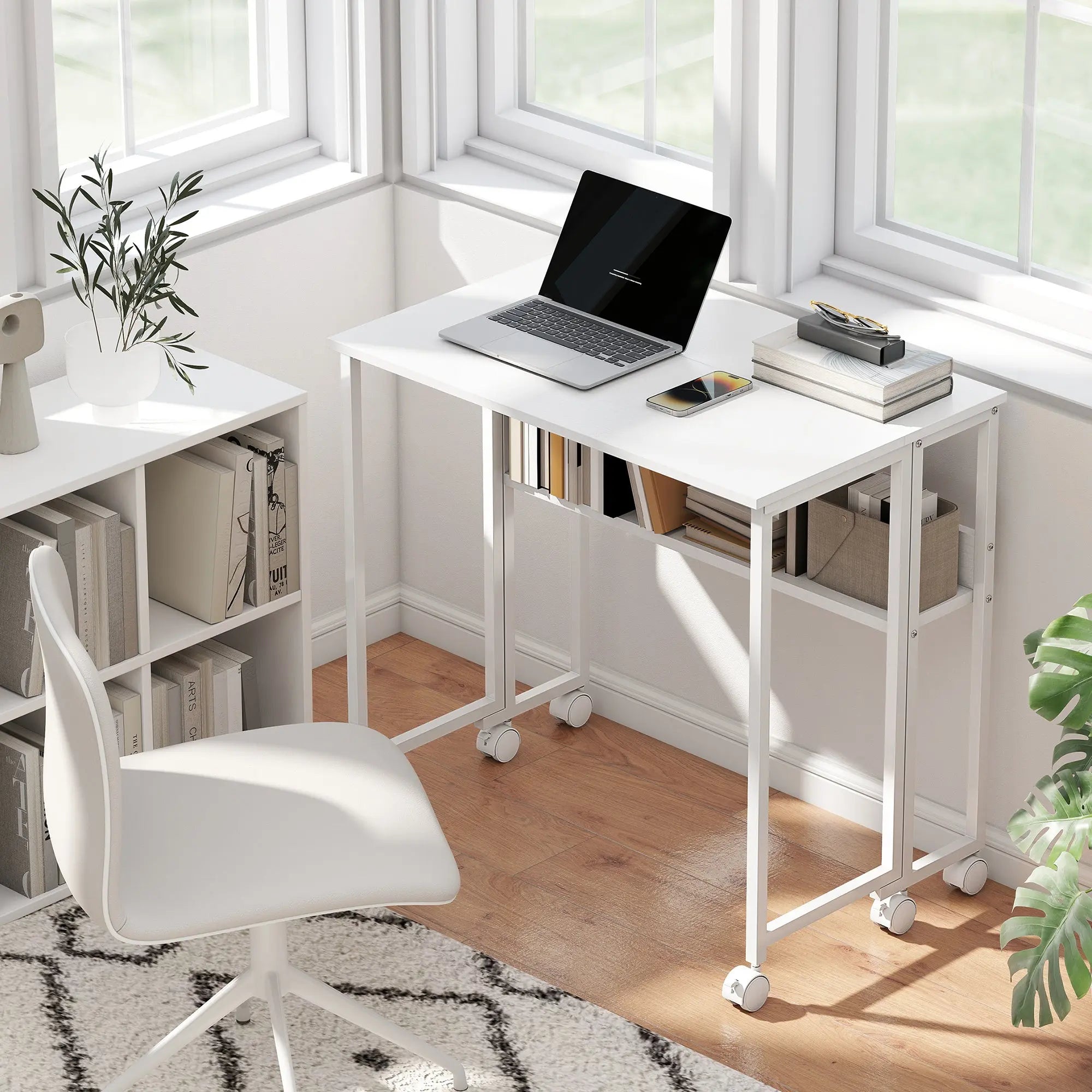 Folding Computer Desk, Foldable Desk With Storage Bag, Shelf And Wheels For Small Spaces, Home Office, White The Chair Company