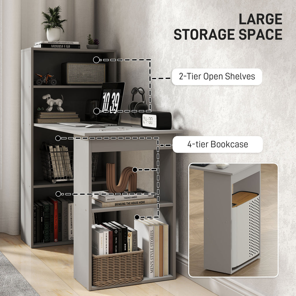 Compact Computer Desk With 6-Tier Storage Shelves, Writing Table Workstation With Bookshelf For Home Office, Gray