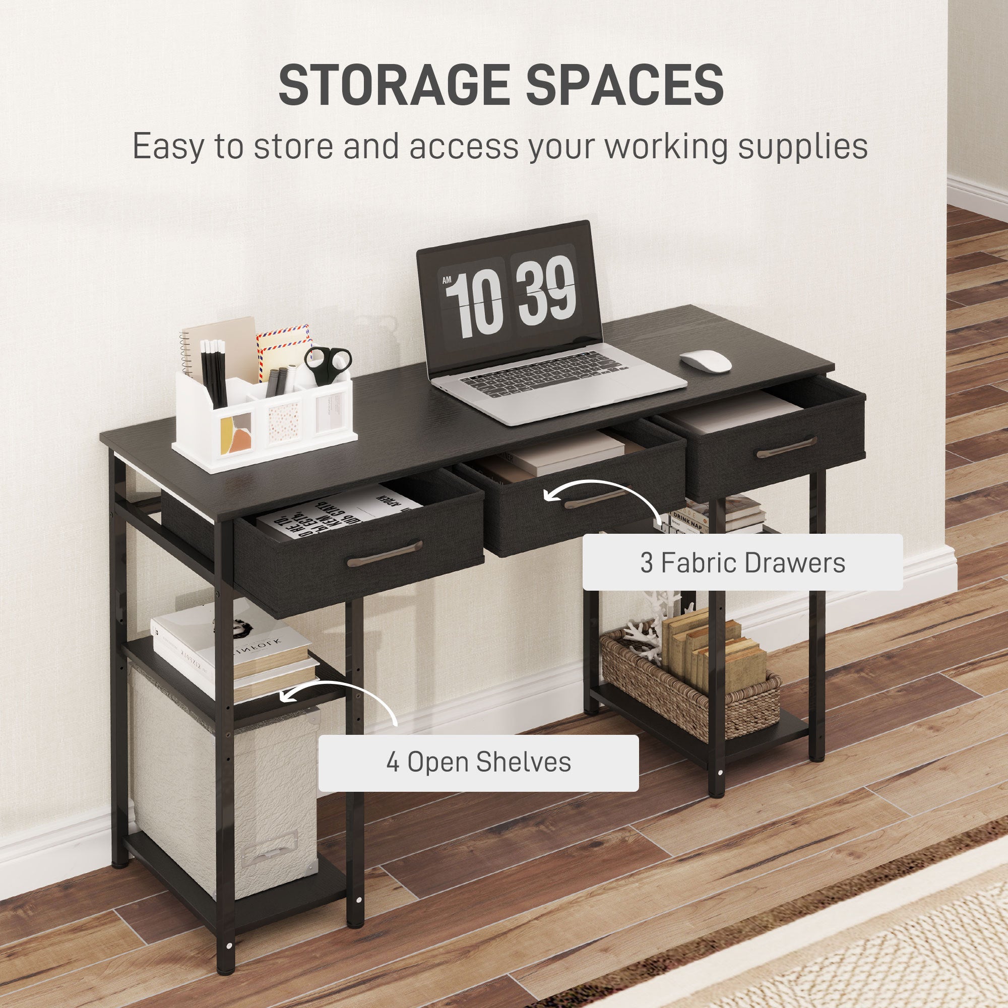 47 Small Computer Desk, Writing Desk With Fabric Drawers, Home Office Desk With Adjustable Shelves, Black
